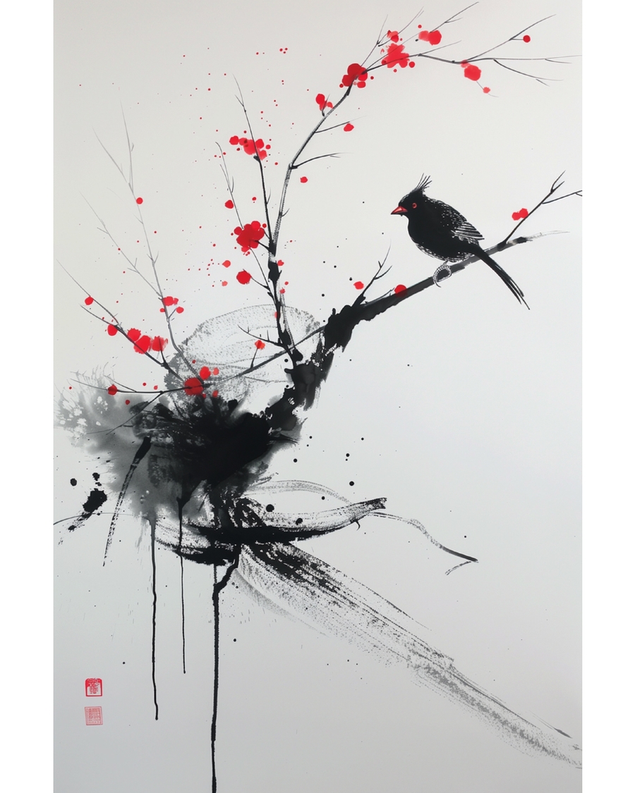 Ink style bird on branch with red accents