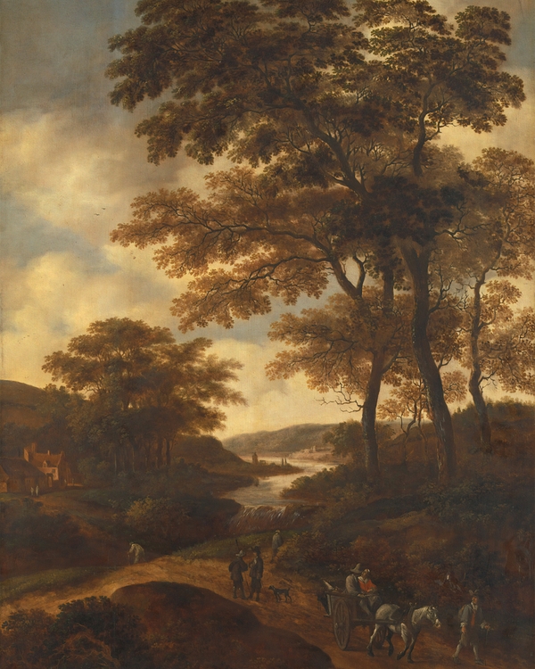 Painting of a group of travellers in a valley