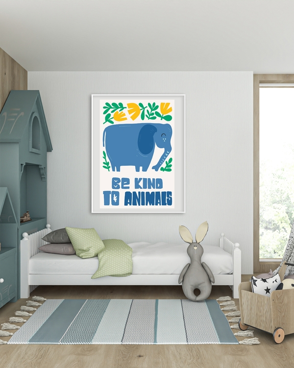 A poster of a Blue elephant with flowers and kindness message
