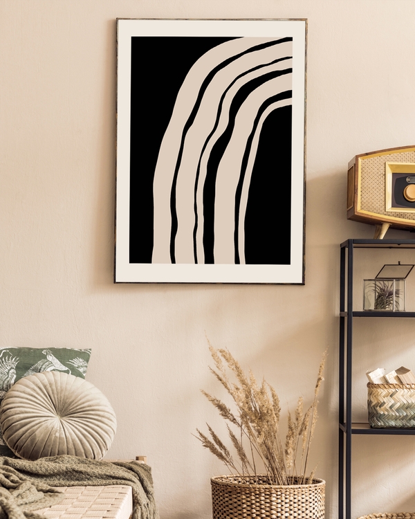 A posster of a beige flowing lines on a solid black background