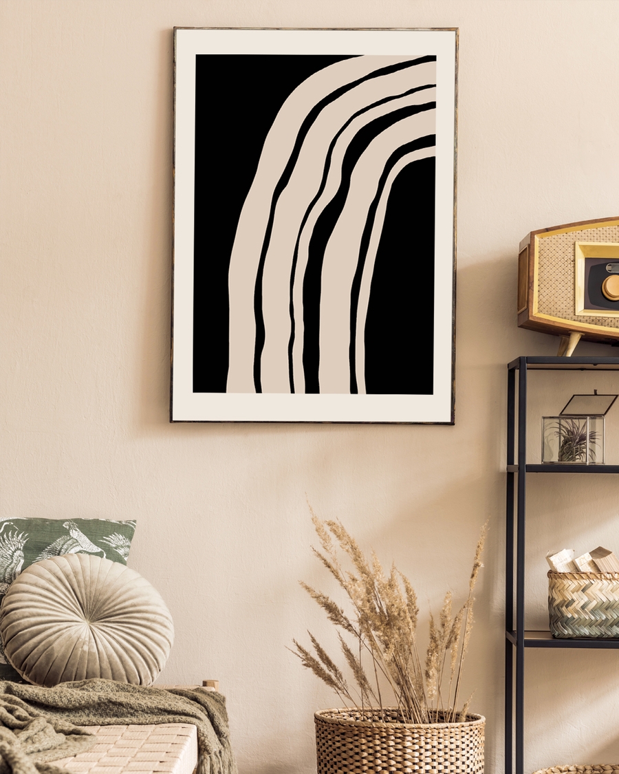 A posster of a beige flowing lines on a solid black background