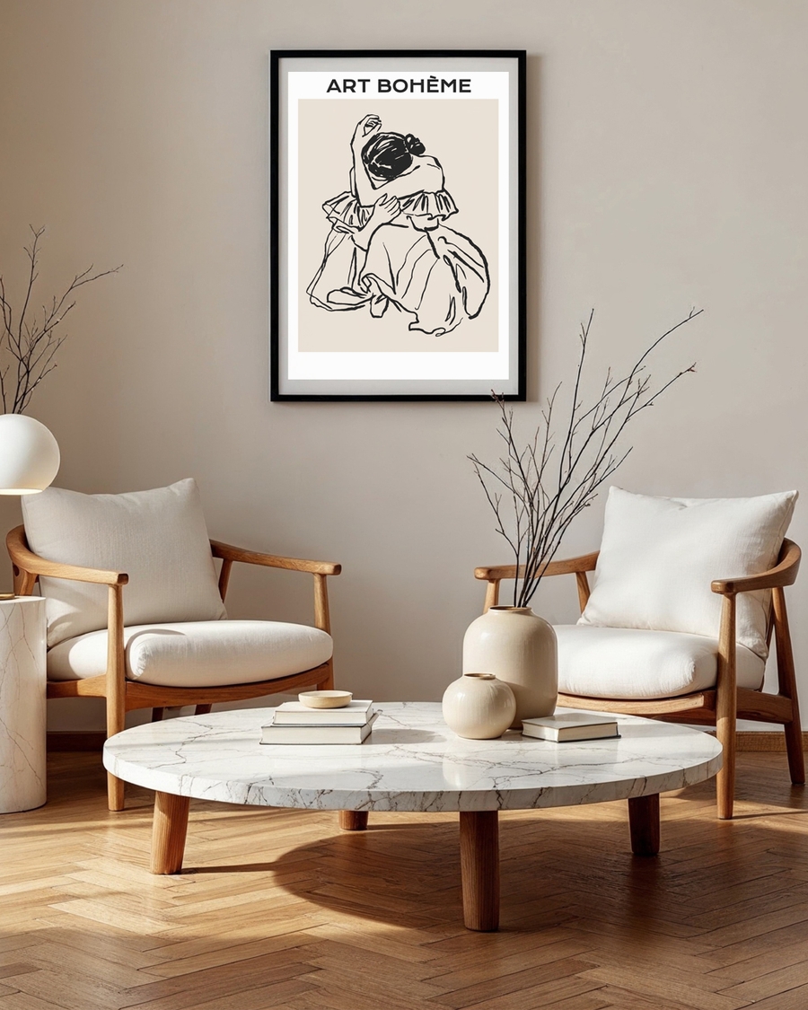 A poster of a minimal line drawing of seated figure on beige