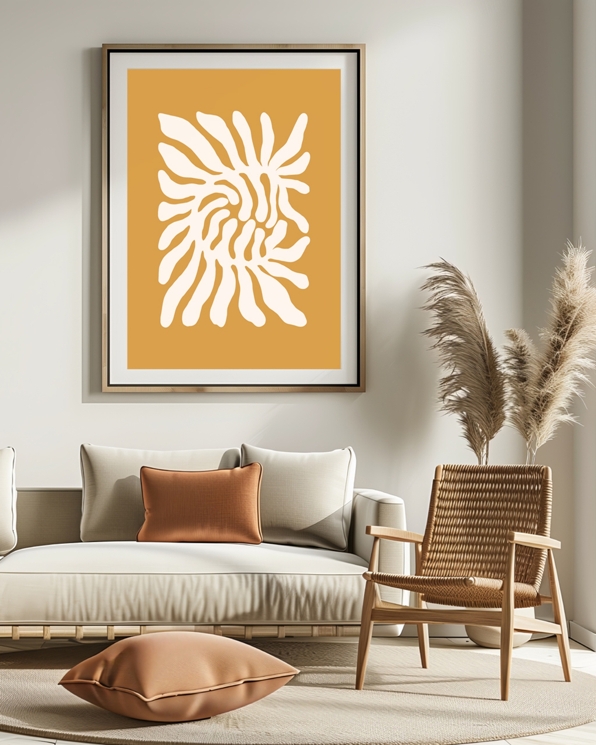Mustard poster with a cream organic cut-out shape and a white border, in a thin wood frame above a beige sofa