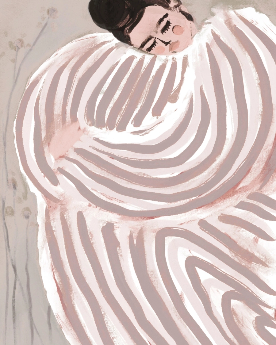 Painted illustration of a sleeping woman in a wide striped dress in blush and dusty rose tones