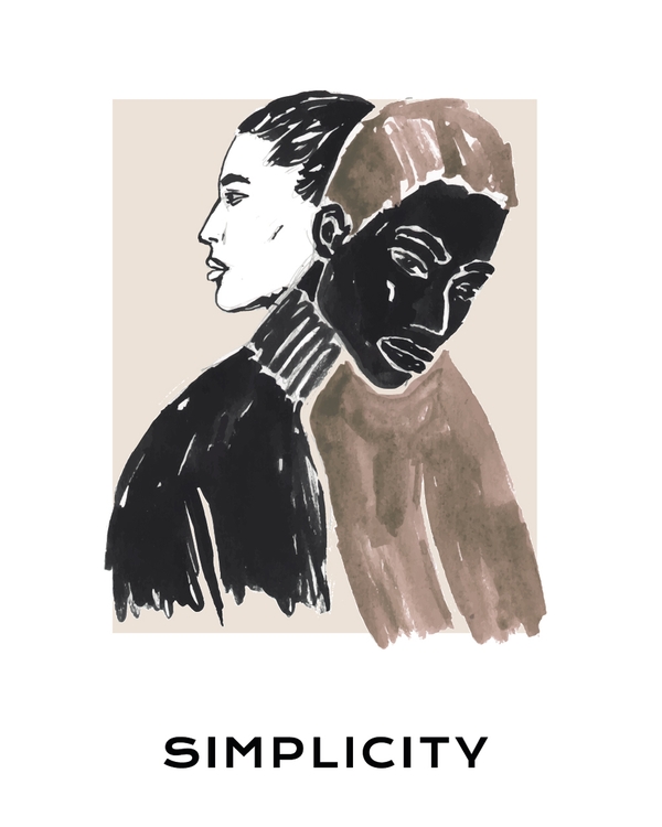 Abstract painted figure in neutral tones with simplicity text