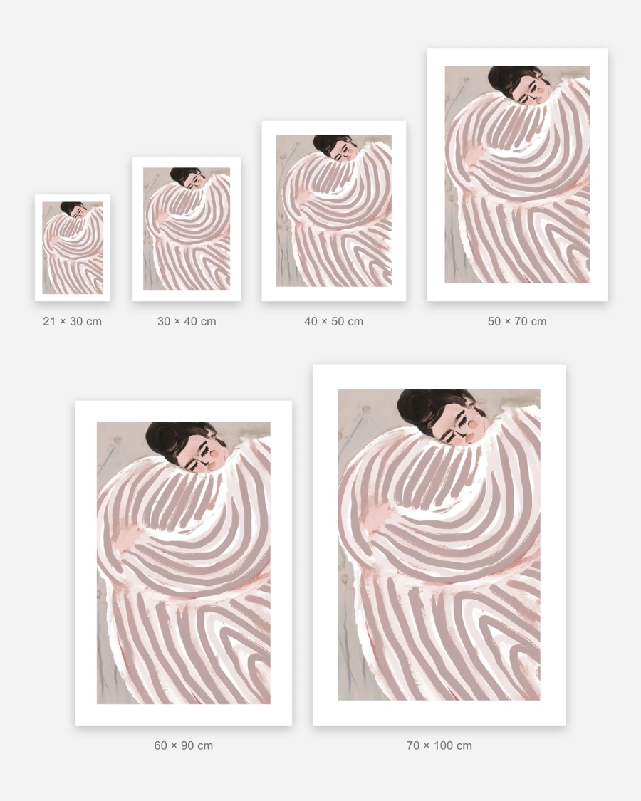 Resting in Stripes poster in 6 sizes, shown to scale: 21 × 30, 30 × 40, 40 × 50, 50 × 70, 60 × 90 and 70 × 100 cm