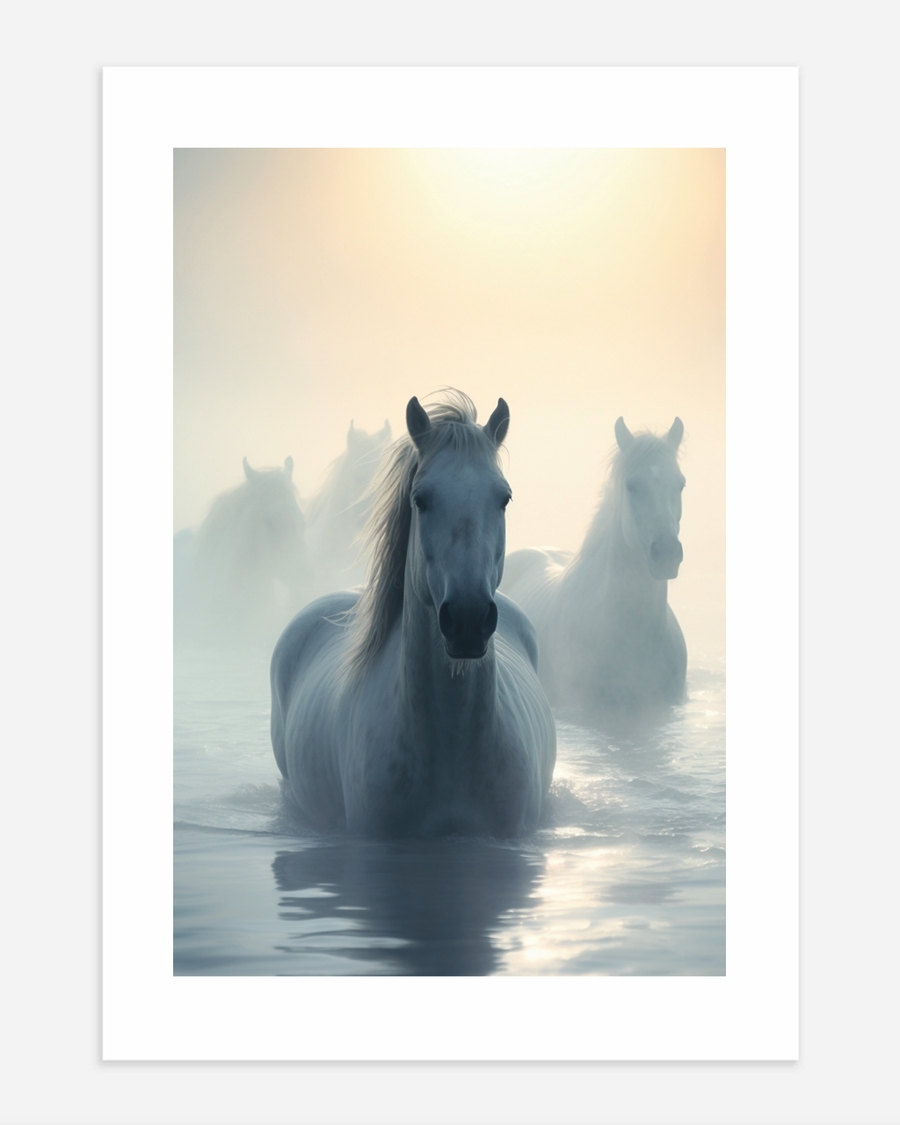 A poster of a White horses standing in misty water during sunrise
