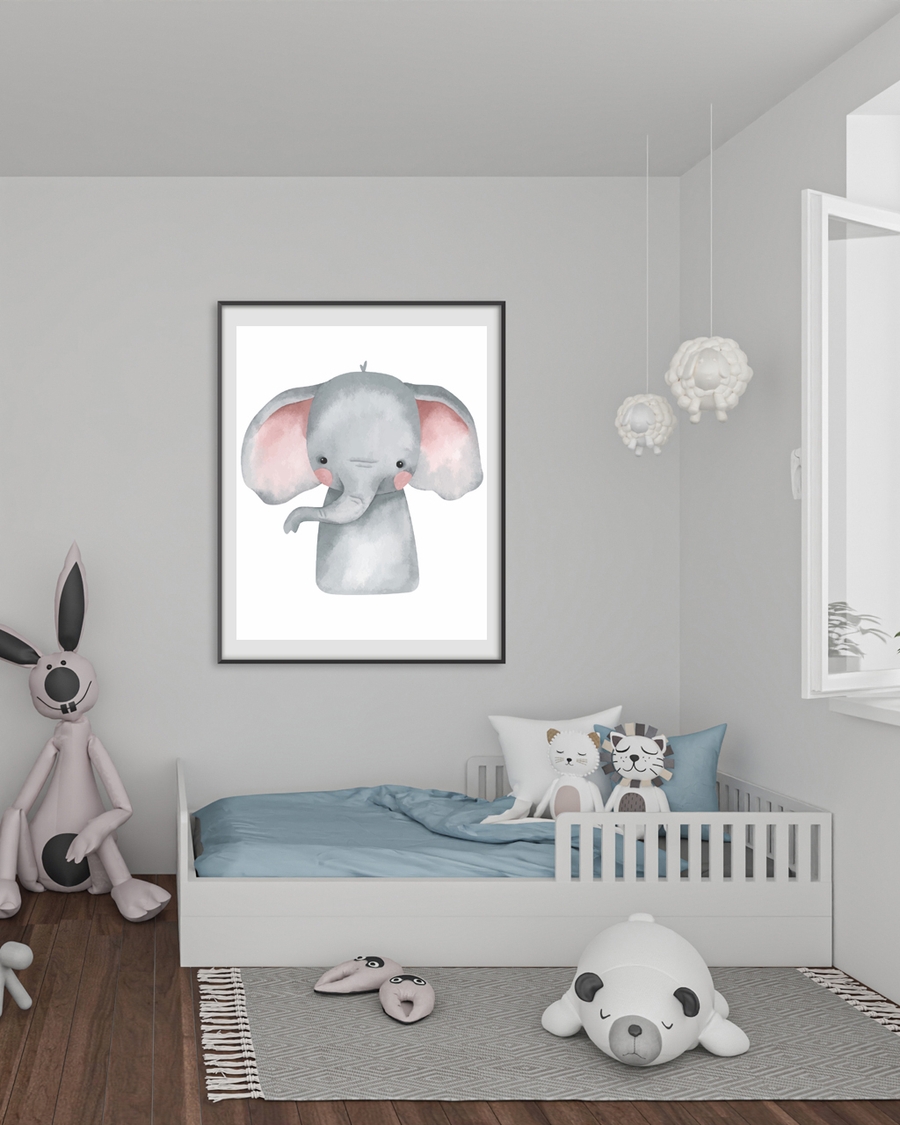 A poster of a Akvarell-elefant med grå kropp och rosa öron.