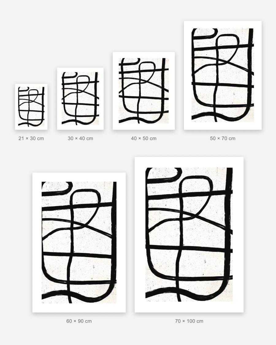 Ink Crossings poster in 6 sizes, shown to scale: 21 × 30, 30 × 40, 40 × 50, 50 × 70, 60 × 90 and 70 × 100 cm