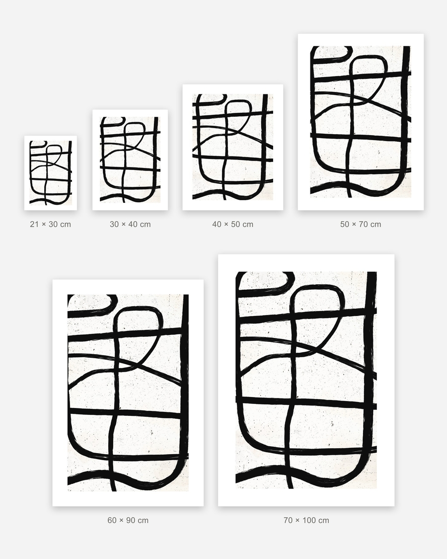 Ink Crossings poster in 6 sizes, shown to scale: 21 × 30, 30 × 40, 40 × 50, 50 × 70, 60 × 90 and 70 × 100 cm