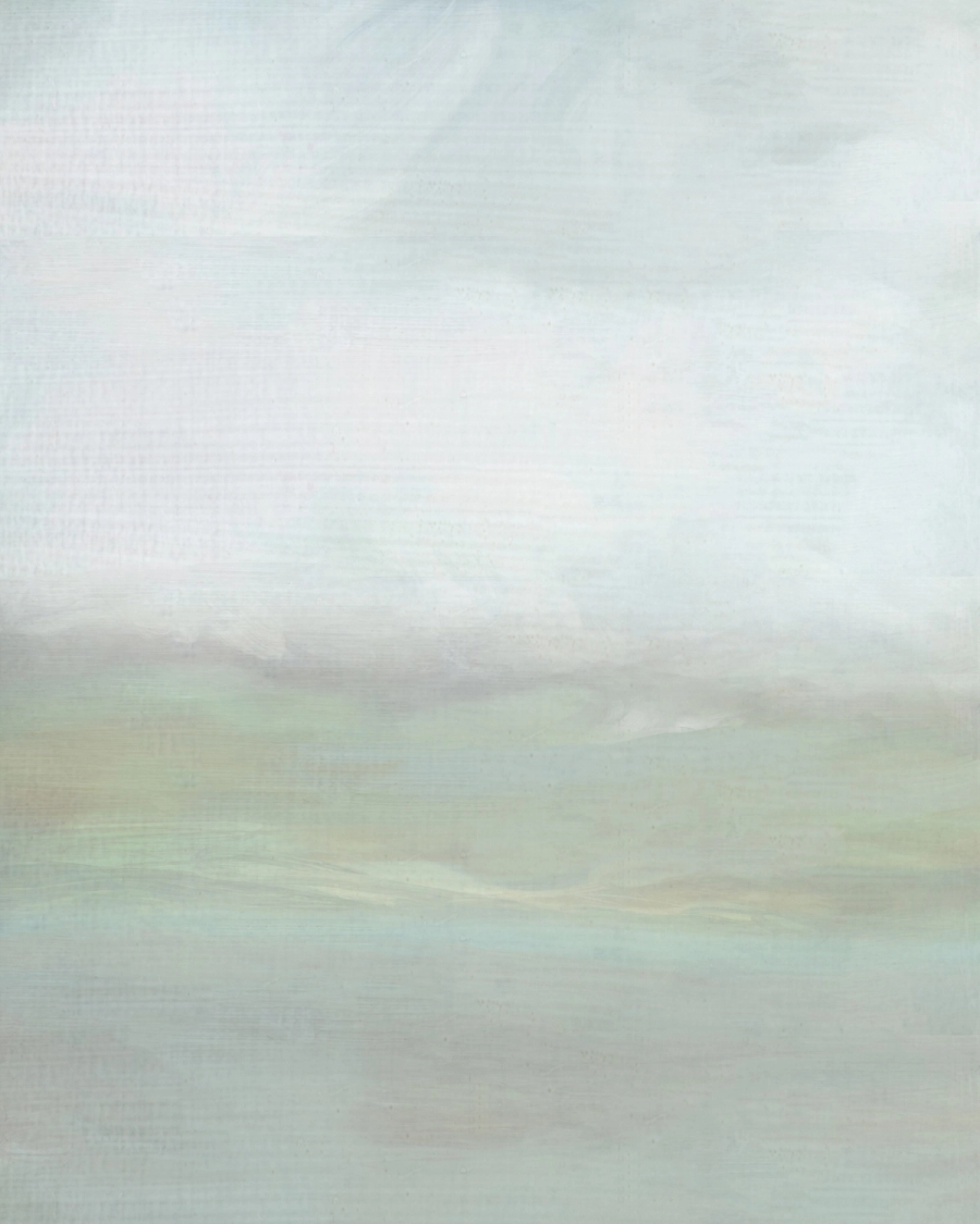 Abstract painted landscape with a hazy horizon in pale gray, sage green and soft beige
