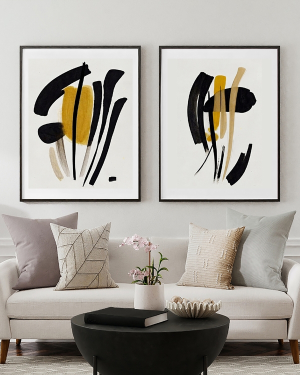 A poster of a abstract black strokes with golden central accent