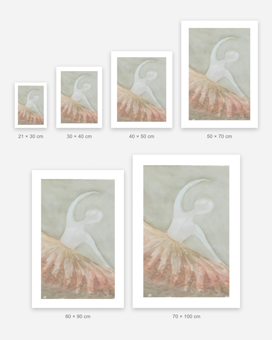 Peach Tulle Dancer poster in 6 sizes, shown to scale: 21 × 30, 30 × 40, 40 × 50, 50 × 70, 60 × 90 and 70 × 100 cm