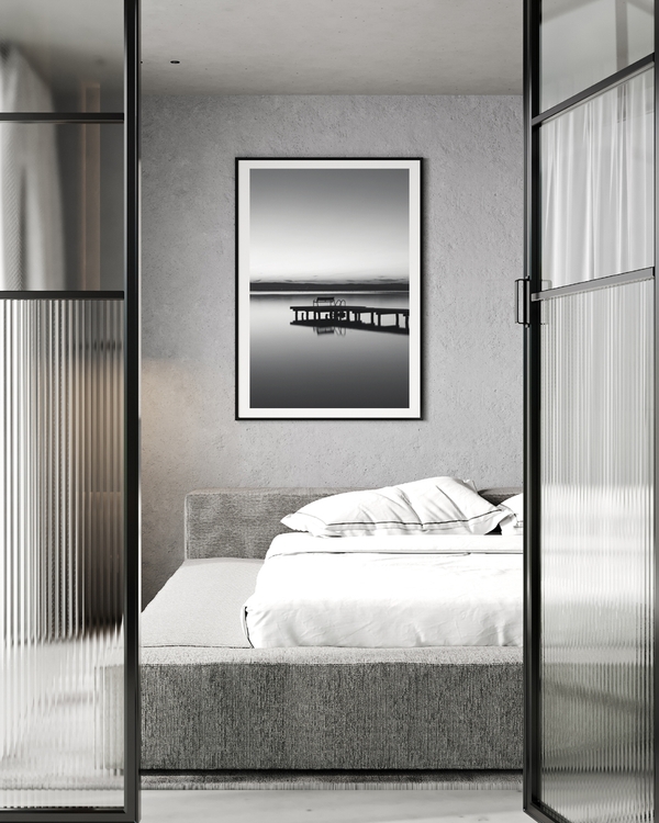 A poster of a Pier reflected in calm water at dusk