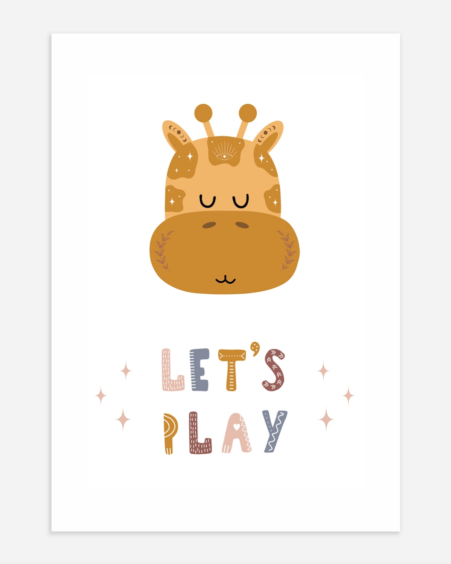 A poster of a Giraffe illustration with lets play text