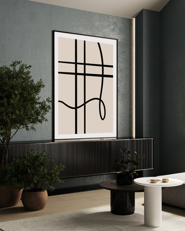 A poster of a Black intersecting lines with curved shapes on beige