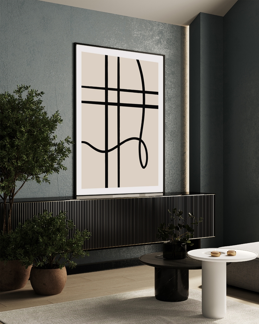 A poster of a Black intersecting lines with curved shapes on beige