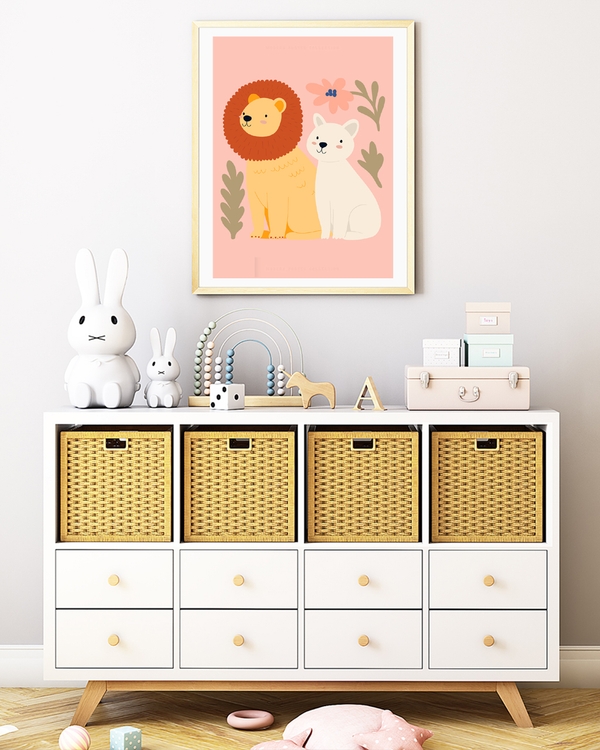 A poster of a lion and white cat sitting among soft leaves