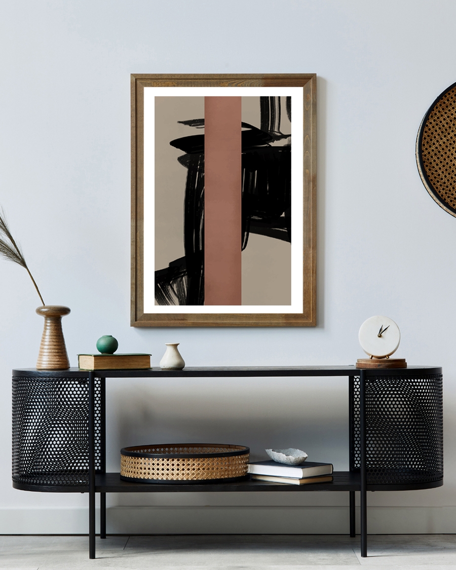 A poster of a abstract poster with earthy tones and bold black strokes