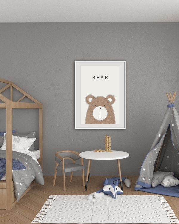 A poster of a Cute illustrated bear in soft warm neutral colors