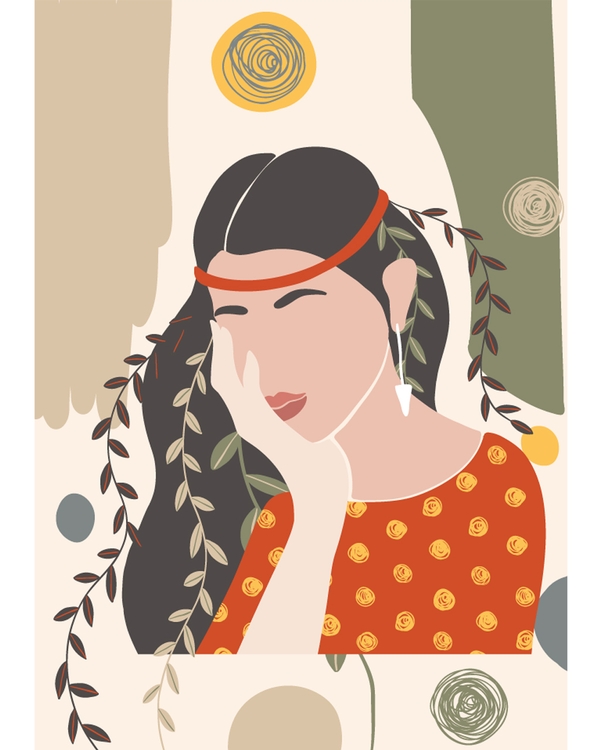 Abstract boho woman with leaves and terracotta