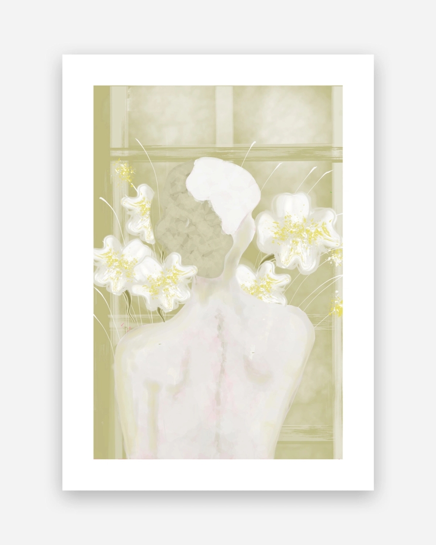 Blooming Shoulders poster with a white border, unframed on a light gray background