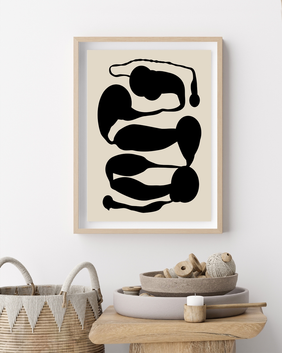 A poster a of abstract black shapes flowing on beige background.