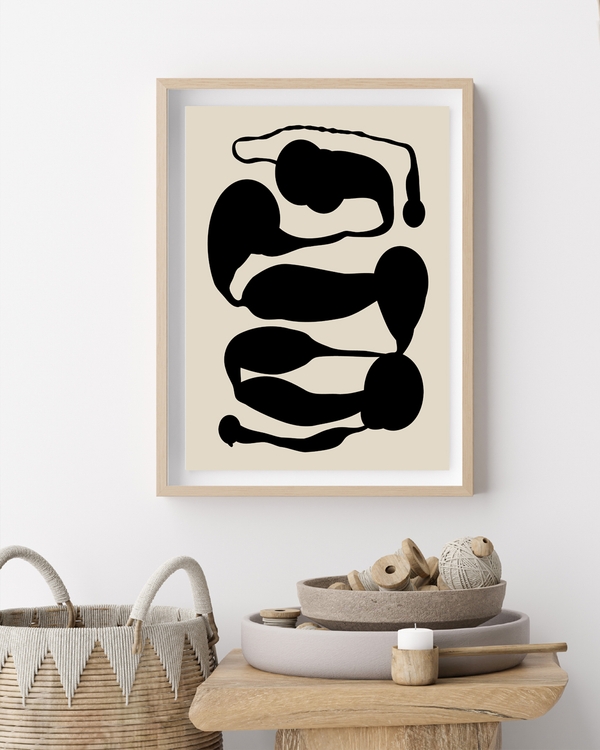 A poster a of abstract black shapes flowing on beige background.