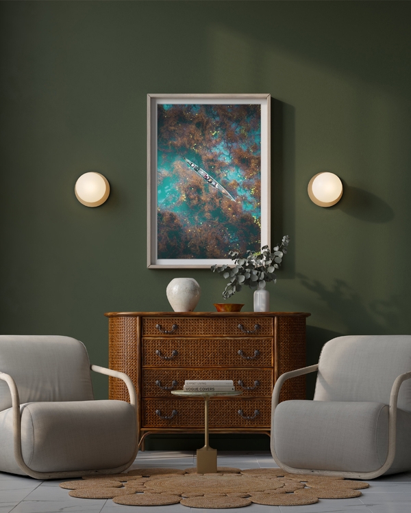 A poster of a Boat seen from above on turquoise water