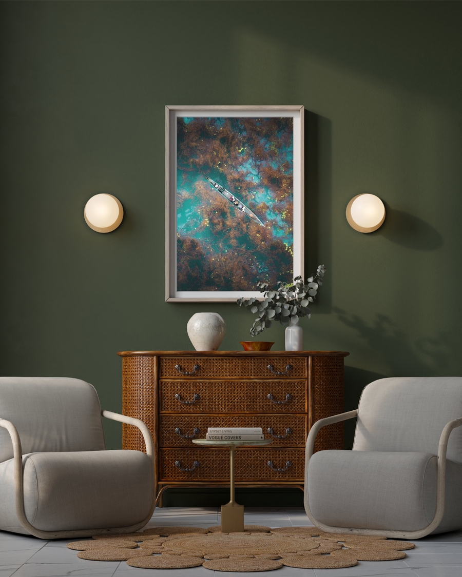 A poster of a Boat seen from above on turquoise water