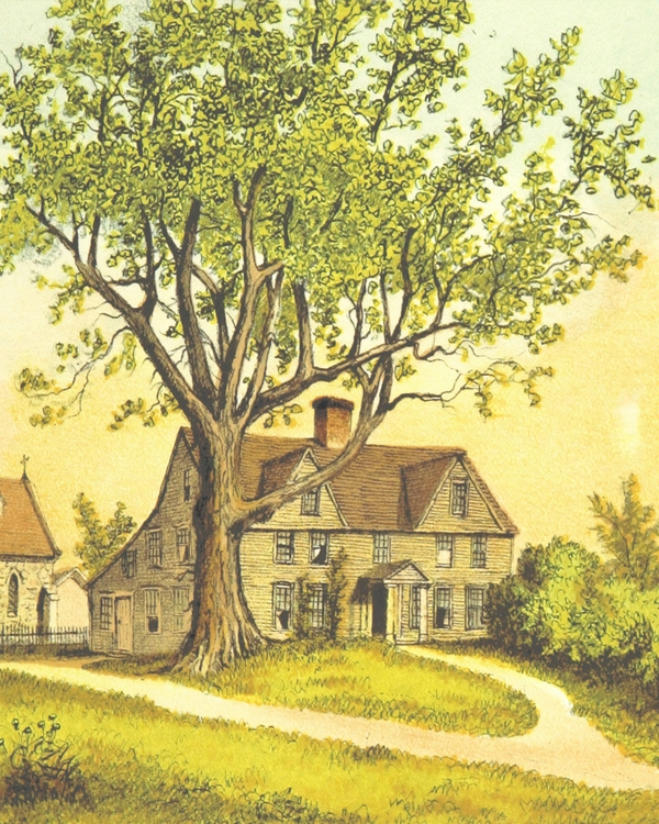 A painting of a house with a tree in front of it
