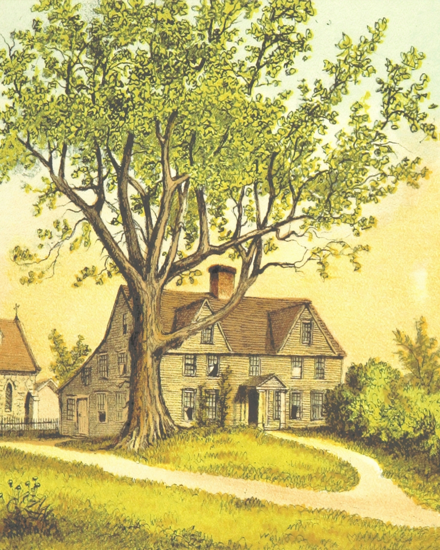 A painting of a house with a tree in front of it