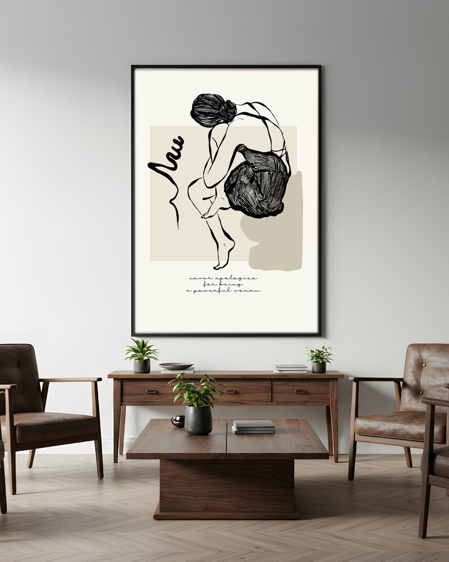 A poster of a Line art of seated figure with beige background