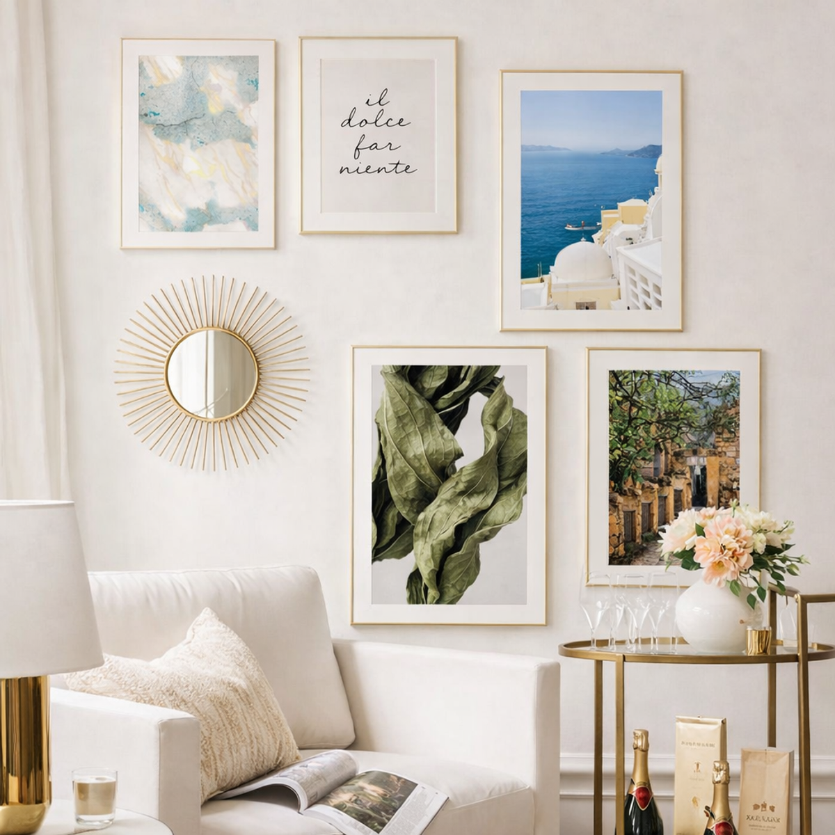 Bright living room with a gallery wall featuring light-toned spring posters above a sofa