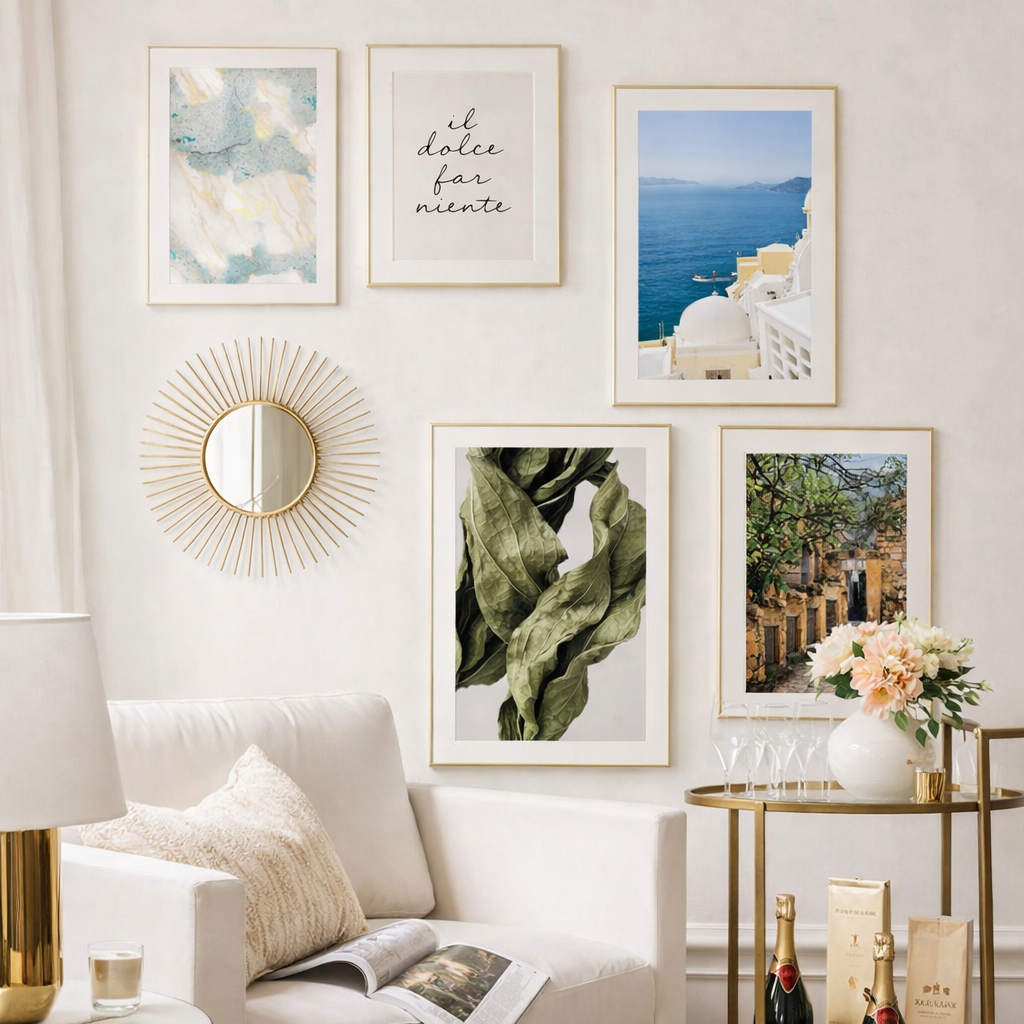 Bright living room with a gallery wall featuring light-toned spring posters above a sofa