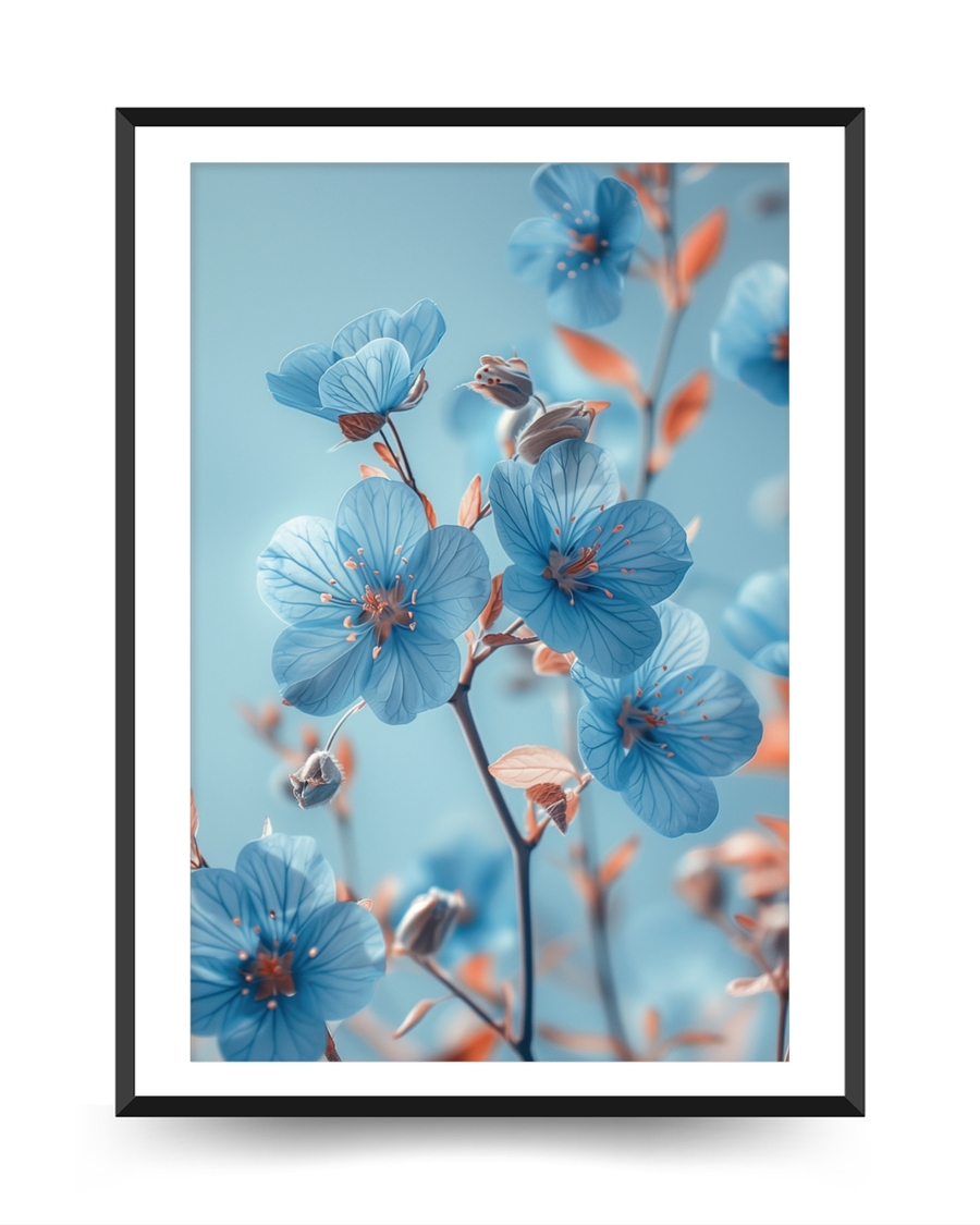 A poster of a Soft blue flowers with warm botanical accents