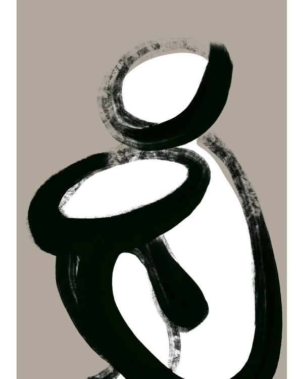 Abstract seated figure formed by thick black brushstrokes on a warm taupe background