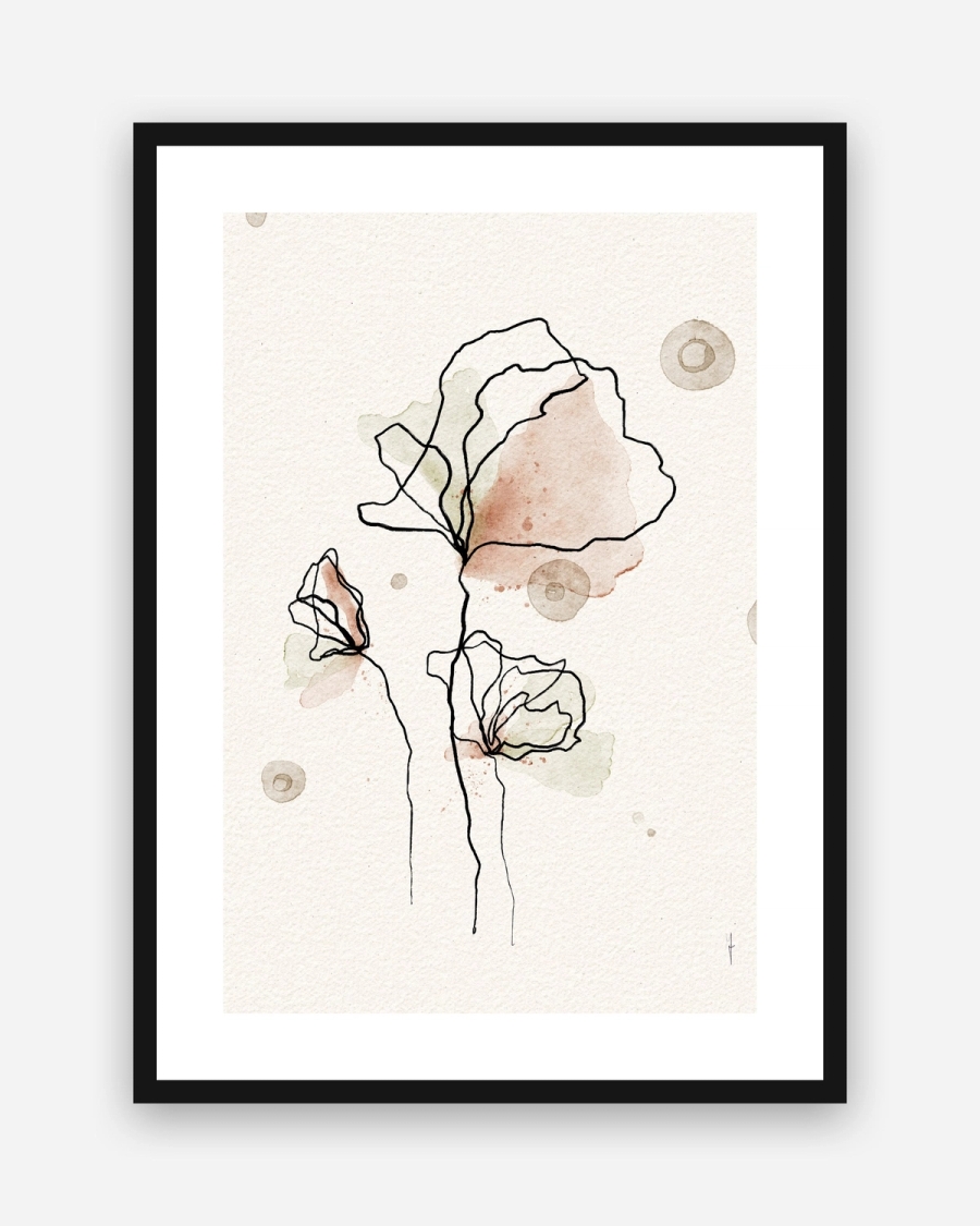 Ink Line Blossoms poster with a white border in a black frame
