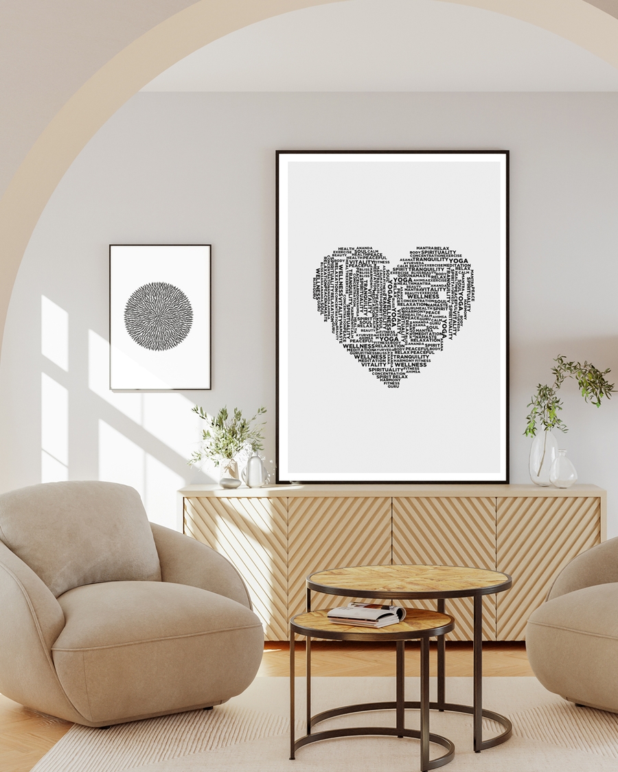 Two posters of a heart shaped figure filled with words and a circle hanged on a wall