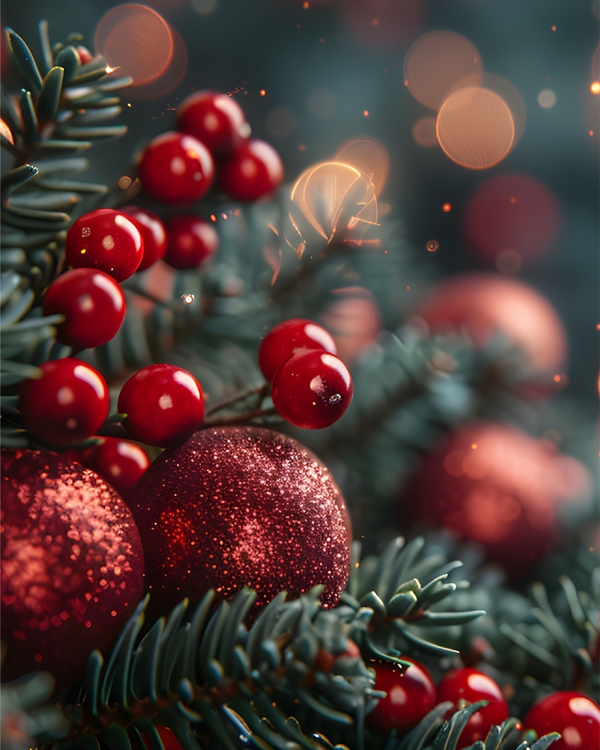Red berries and ornaments on pine branches