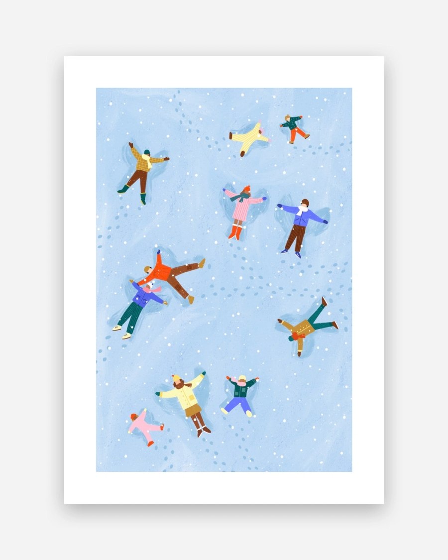 Angels in the Snow poster with a white border, unframed on a light gray background