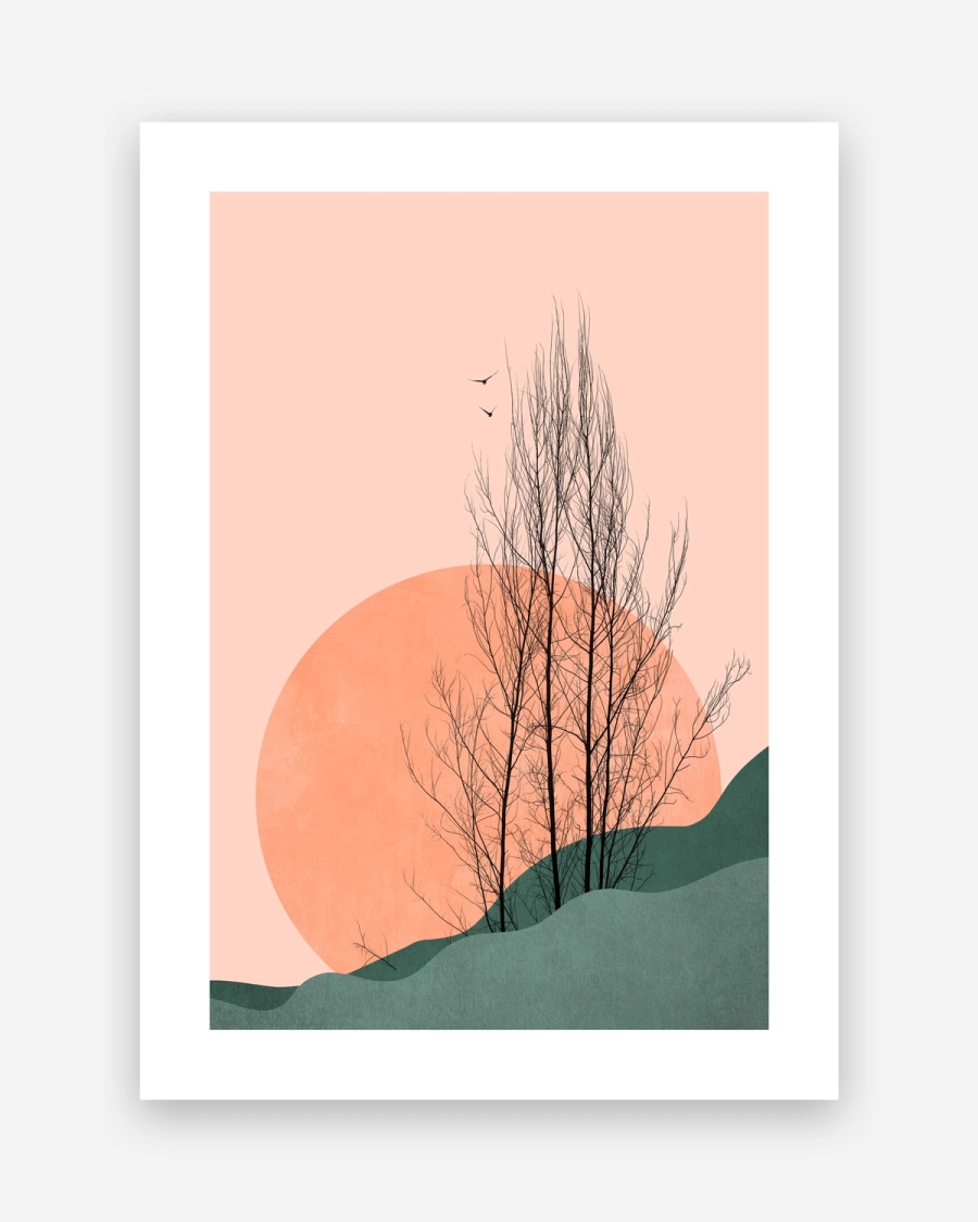 Peach Sun Grove poster with a white border, unframed on a light gray background