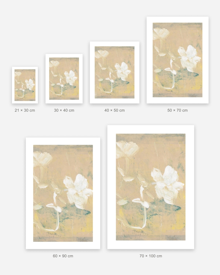 Painted Ivory Blooms poster in 6 sizes, shown to scale: 21 × 30, 30 × 40, 40 × 50, 50 × 70, 60 × 90 and 70 × 100 cm