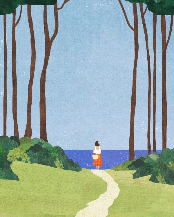 Illustration of a woman on a sandy path through green meadow and tall pines toward a deep blue sea