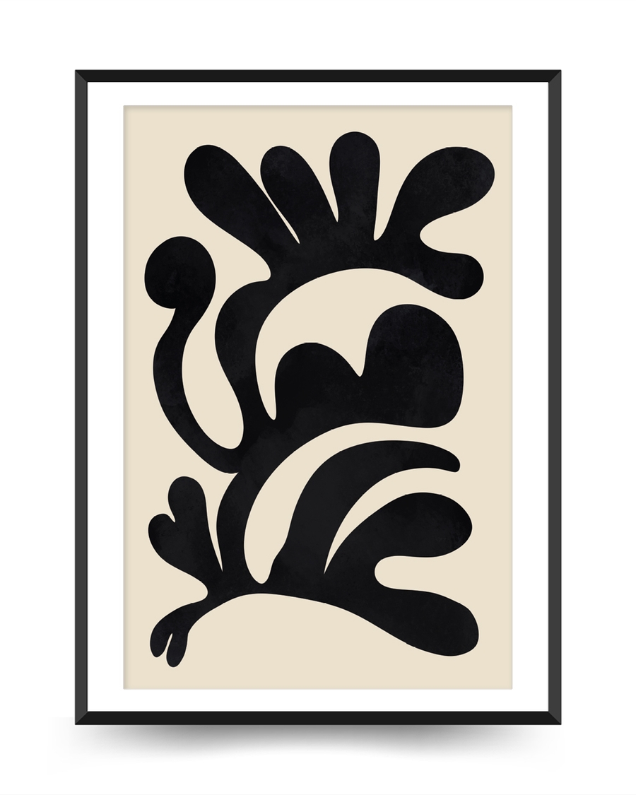 A poster of a Black abstract shapes on soft beige background