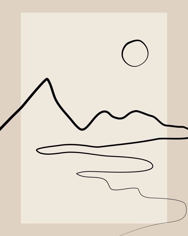 Minimalist line drawing of a mountain, hills, river and sun in black on a warm beige background