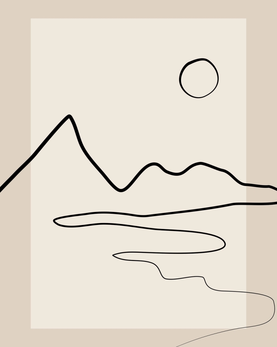 Minimalist line drawing of a mountain, hills, river and sun in black on a warm beige background