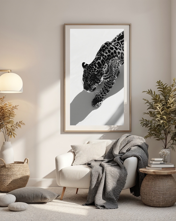 A poster of a black-and-white jaguar walking in soft shadow