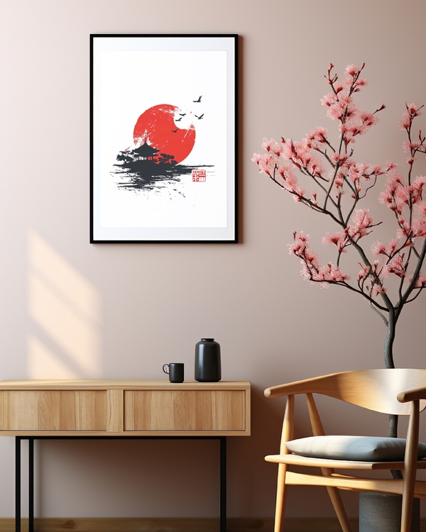 A poster of a Japandi art with red sun temple and birds