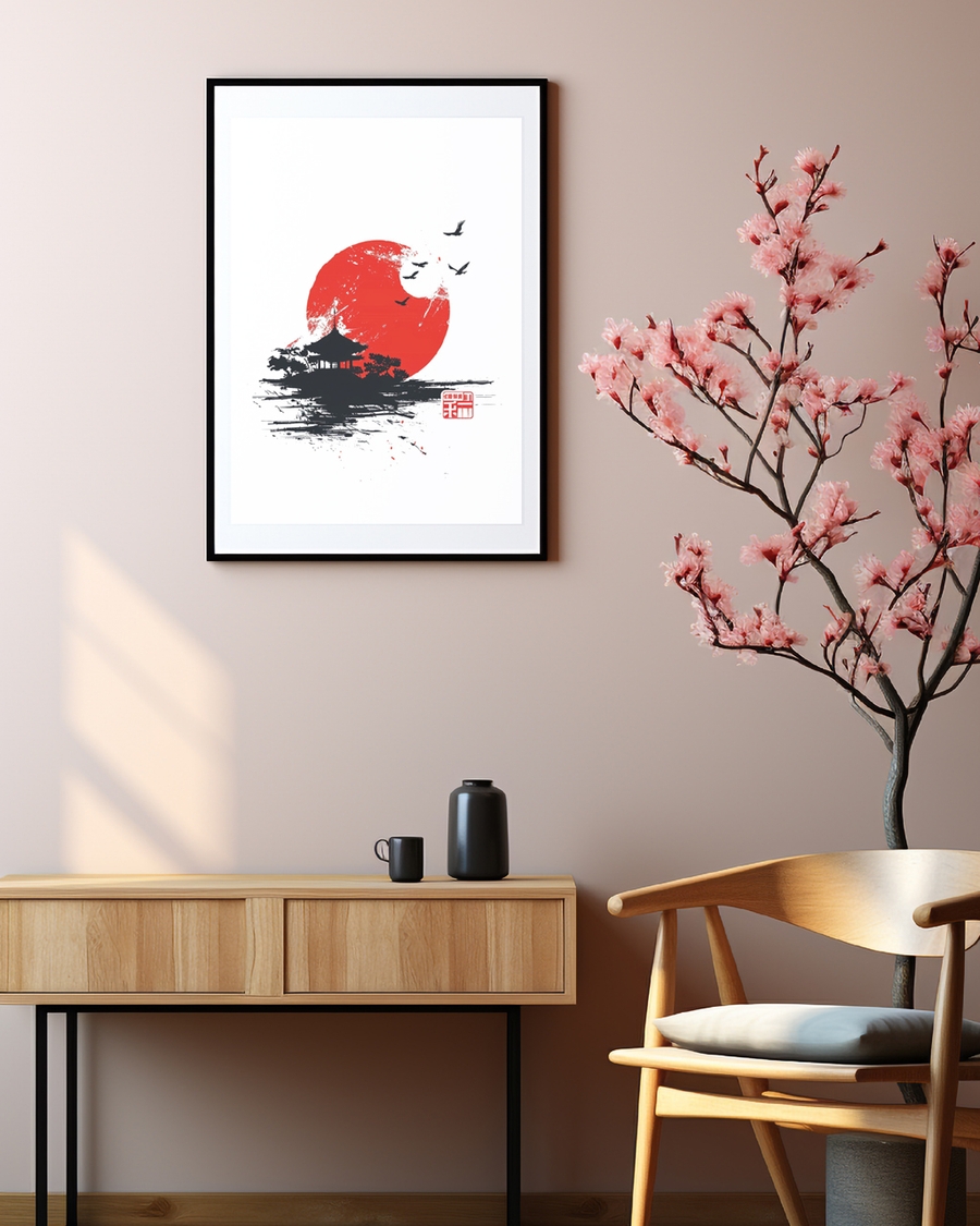 A poster of a Japandi art with red sun temple and birds